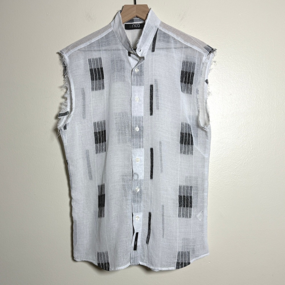 NEO Mens Sheer Button Down Shirt S‎ White Black Geometric Cotton Streetwear